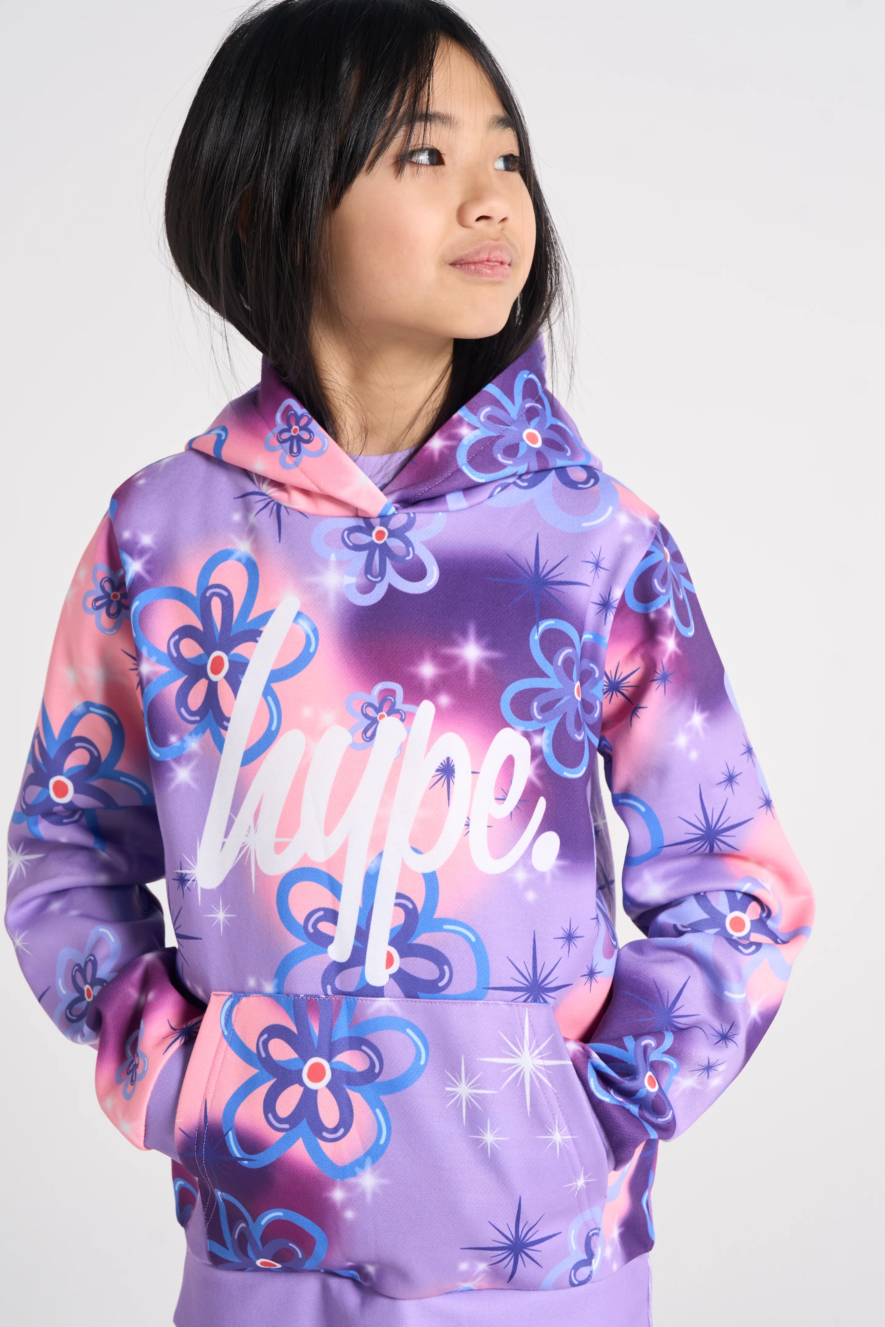 Hype Girls Purple Sparkle Flower Hoodie & Cycling Shorts Set - Image 2