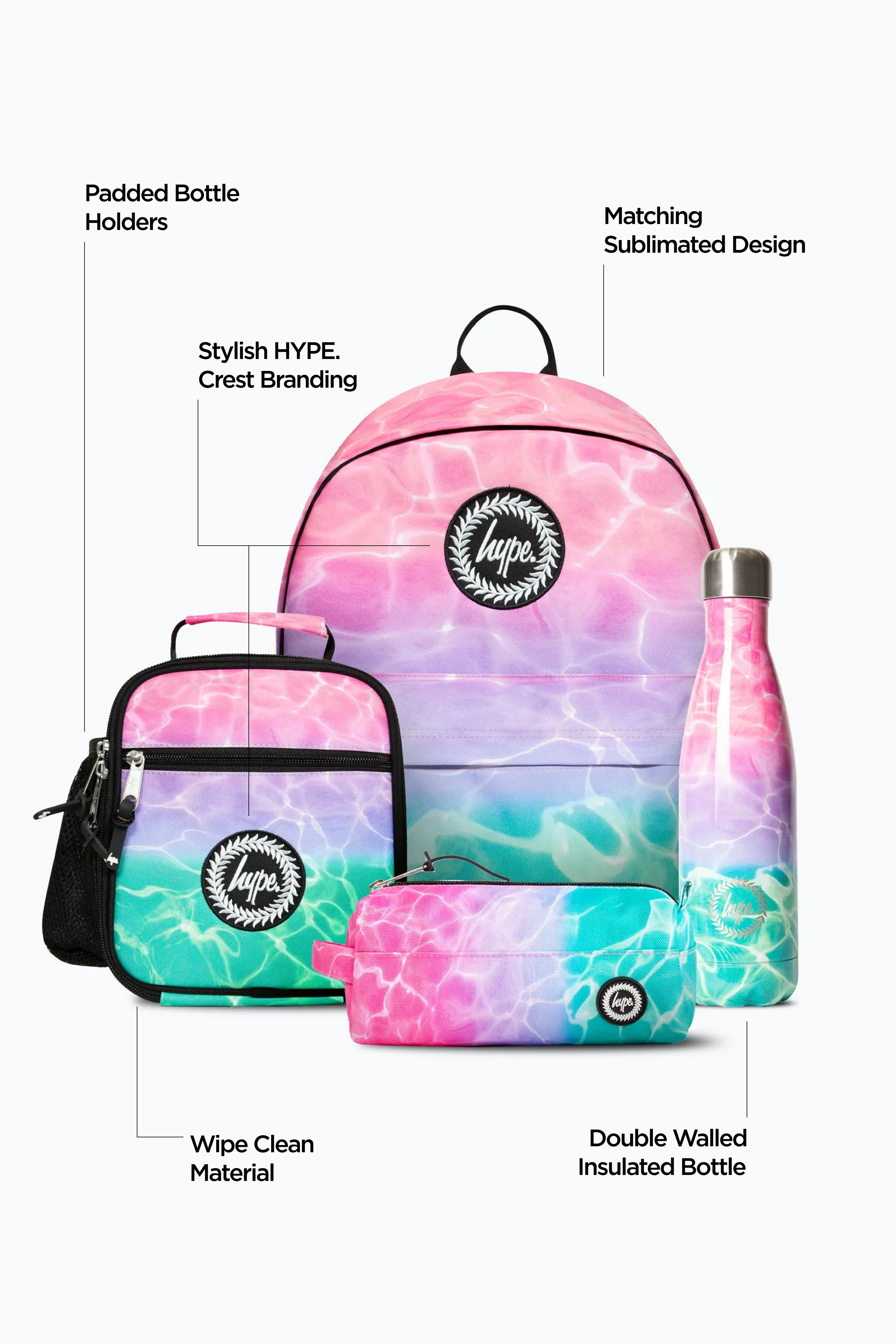 Hype Girls Pink/Turquoise Pastel Pool Backpack, Lunch Bag, Pencil Case & Bottle Bundle - Image 2