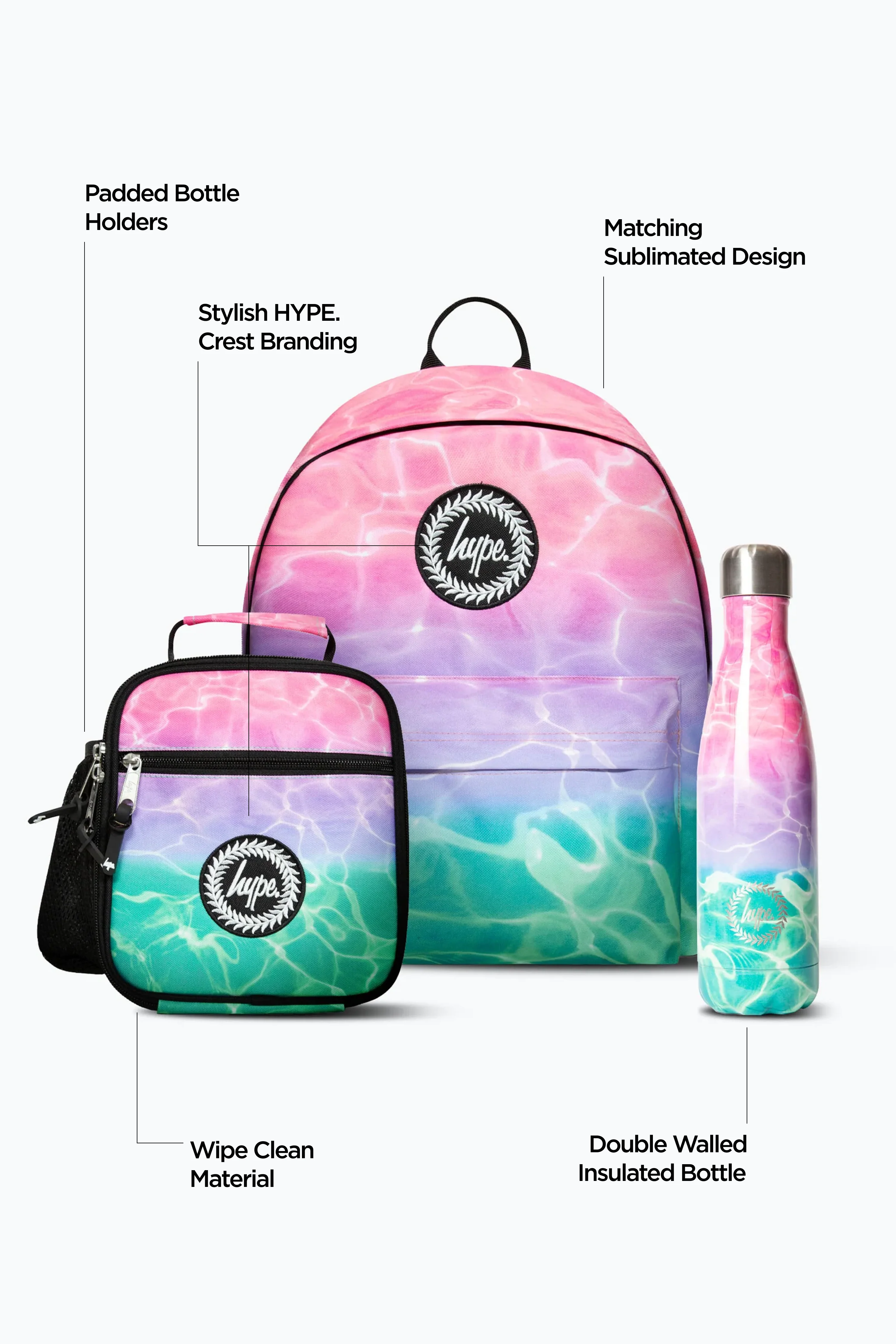 Hype Girls Pink/Turquoise Pastel Pool Backpack, Lunch Bag & Bottle Bundle - Image 2